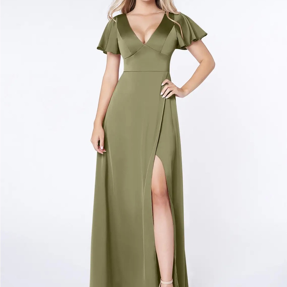 Azazie Green Flutter Sleeve V-Neck Bridesmaid Dress